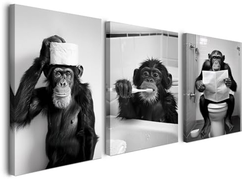 Alptiny 3er Set Lustiges Wandbild Badezimmer 30×40 cm – Schwarz Weiß Tiere auf Toilette Bild, WC Bilder mit Rahmen Stil, Bilder für WC & Gäste WC, Badezimmer Deko Wandbilder