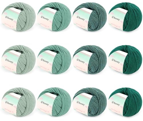 Reessy 12 × 50g Knitting Wool Yarn for Crochet and Knitting, Soft and Warm Knitting Wool, 98% Wool 2% Cotton Yarn for Knitting Sock, Scarves, Shawls, Blankets and Garments - Green