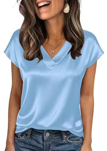 Zeagoo Satin Shirts for Women V Neck Short Sleeve Tops Silk Blouses Business Casual Work Tshirts Light Blue