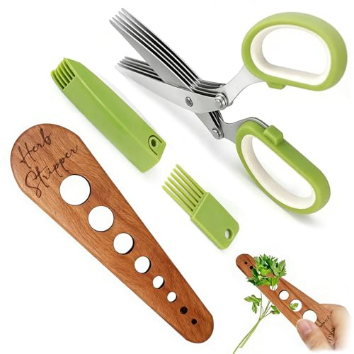 Herb Scissors & Herb Stripper Wooden Vegetable Leaf Separator, Multipurpose 5 Blade Kitchen Salad Scissors, Exquisite Herb Stripper Gifts for the Kitchen Suitable for Home Use