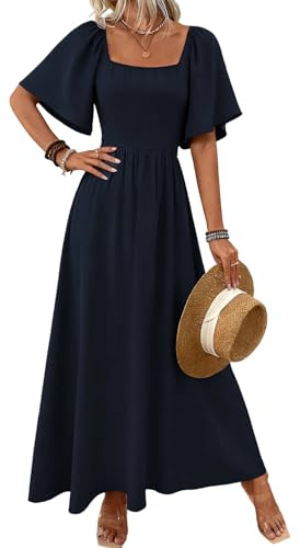 Robe Maxi Femme Élégante Col Carré Vintage Longue Ligne A Bleu marine L