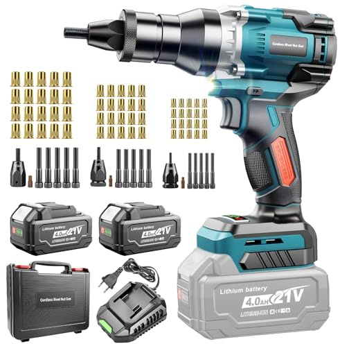Yofuly Cordless Rivet Nut Gun Compatible with Makita 18V Battery, Electric Rivet Nut Tool with 2 * 4.0 Ah Battery, Protable Rivnut Tool with Auto Mode, with M6, M8, M10 Nut Head for Metal Fabrication