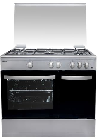 Aspes Cocina Gas 90 cm 5 Zonas de Cocción, Horno 62 L, Inox, AKGW5901PBX. Control Manual, Quemador WOK Triple Llama, Cristal en Puerta, Tapa Abatible