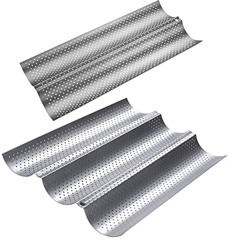 CORHAD Molde para Hornear Baguette Ondulado 2 Piezas, Acero Inoxidable Grado Alimenticio, Antiadherente, Perforado para Pan Crujiente, Tamaño Mediano y Pequeño, Utensilios de Repostería