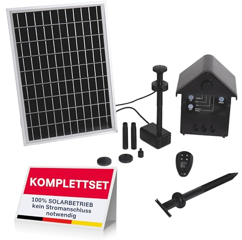 T.I.P. Solarteichpumpe Set mit Akku, Fernbedienung - Wasserspiel, Fontäne für Teich | SPS 300/9 Solar Pumpe fuer Gartenteich mit 4 Fontänen-Düsen, Speicherakku, Timer, Solarpanel & Erdspiess im Komplettset