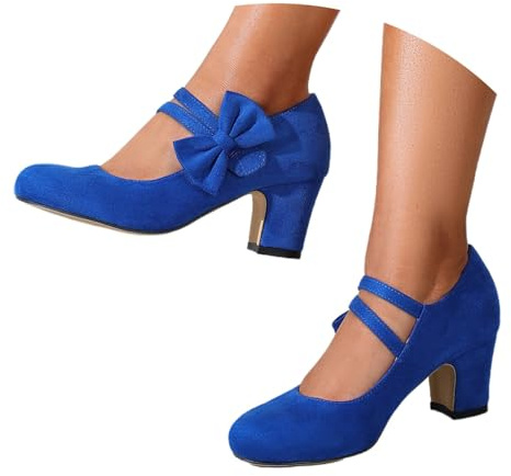 Zapatos de mujer con lazo, elegantes zapatos de novia, tacón de bloque, bailarinas, redondos, festivos, cómodos, bajos y gruesos, con tacón para Oktoberfest, boda, vestido de trabajo, azul, 36 EU