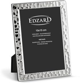 EDZARD Bilderrahmen Pavia für Foto 10 x 15 cm, gehämmert, edel versilbert, anlaufgeschützt, Samtrücken, 2 Aufhänger, Silber Fotorahmen zum Stellen oder Hängen