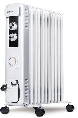Pro Breeze Radiatore elettrico portatile 2500W con bocchettone di riempimento dell'olio, timer incorporato, 3 livelli di calore, termostato con circolazione avanzata.