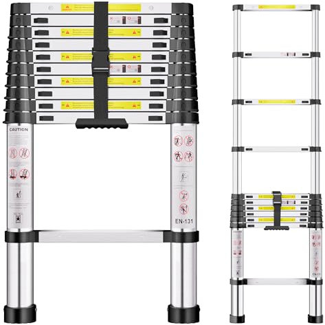 Telescopic Ladder, 3.2M Stainless Steel Thickened High-Strength Loft Ladder, Portable Ladders Extendable with Non-Slip Feet Adjustable Height for Roof Attic Caravans