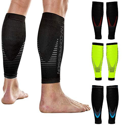 NV Compression Race and Recover Fußlose Kompressionsstrümpfe - Wadenstütze Kompression Compression Calf Sleeves (Blk/Grey Stripes, S-M)