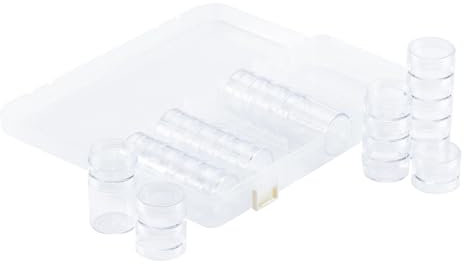 Vaessen Creative Aufbewahrungsbox – 28 Töpfe à 26 mal Ø 4 cm x 2 cm und 2 mal Ø 4 cm x 5 cm – Kunststoff – 27 x 11,5 x 4,2 cm – für Klassen-Fotoalbum, Zubehör für Diamond Painting und Scrapbooking