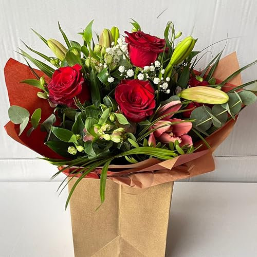 Red Rose and Lily Bouquet with Cardboard Vase – Fresh Flowers Delivery for Anniversary, Birthday, Get Well, Sympathy, Thank You, Housewarming, Seasonal Floral Arrangement Gift