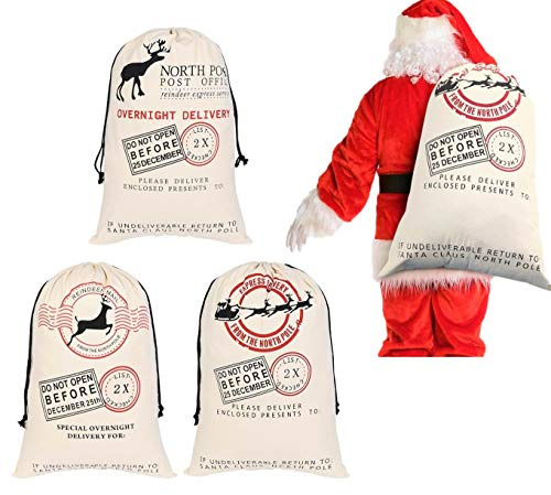 KAHEIGN 3 Piezas Bolsa Bolsa De Lona Santa Sack con Cordones - Bolsas De Entrega Exprés De Christmas Elk Tamaño Extra Grande 70 x 50cm