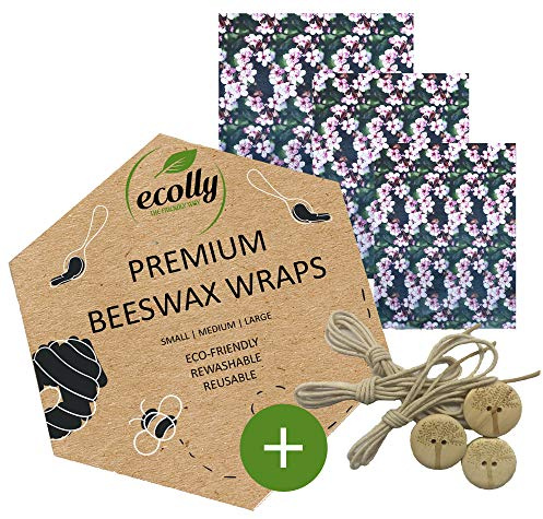 ecolly Bienenwachstücher 3er-Set (S, M, L), Bienenwachspapier, Beeswax Wrap, Plastikfrei & wiederverwendbar, OHNE Jojobaöl, inklusive Knopf & Baumwollfaden - Cherry Blossom