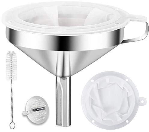 Kitchen Funnel for Filling Bottles, 304 Stainless Steel Food Funnels with Strainer and 200 Mesh Filter, Metal Funnel Set for Transferring Canning Oil Coffee