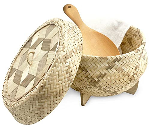 PANWA Handmade 100% Natural Thai Bamboo Sticky Rice “Electric Cooker Steamer Set”, Small Pot Insert ~ 6.5 Inch, Checkered Wicker Woven Lid, 16’’ Cheesecloth Filter, and Wooden Spoon