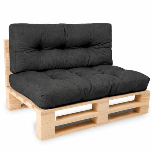 bananair - Cuscini per Pallet - Tessuto Idrorepellente e Anti-UV - Molto Confortevole, Imbottito in Schiuma - Cuscini per Divano Esterno Giardino (Seduta 120x80 cm + Schienale 120x40 cm, Nero)