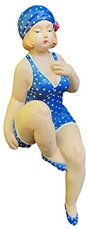 Aspinaworld Gartenfigur Badenixe Kantensitzer 32 cm blau-weiß gepunktet mit roter Schleife – Badefrau dominant, Bade Figur wetterfest Kunstharz