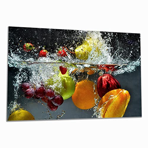 Wallario Herdabdeckplatte/Spritzschutz aus Glas, 1-teilig, 80x52cm mit 8 mm hohen Füßen, für Ceran- und Induktionsherde, Früchte im und unter Wasser - Splashing Fruits