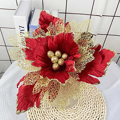 MISNODE 6 Stück künstliche Weihnachtssterne 3 Etagen 30 cm große künstliche Blumen Glitzer Weihnachtskranz Weihnachtsbaum Ornamente rot