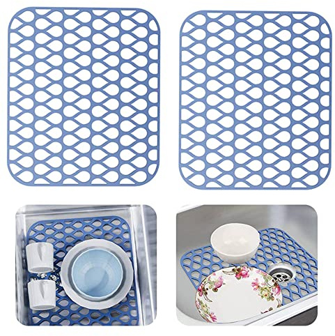 2 PCS Kitchen Sink Protector Mat, Silicone Non Slip Drainer Grid Mat (Blue) | Folding Heat Resistant Dish Drying Mats for Farmhouse Stainless Steel Sink