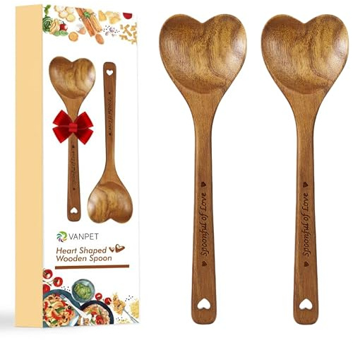 VANPET Wooden Heart Spoons - Heart Shaped Acacia Wood Kitchenware, 2 PCS