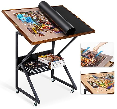 Lavievert Jigsaw Puzzle Tables with Cover and 5 Adjustable Angles, Double-sided Puzzle Board Easel with Auxiliary Line, Wooden Tilting Board with Storage Shelf & 4 Rolling Wheels for Up to 1500 Pieces