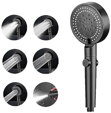 High Pressure Shower Head, Handheld Water Saving Power Shower Head with 6 Spray Modes, Universal Black Hard Water Softener Showerhead for Low Water Pressure
