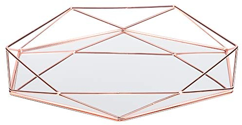 Tomotato Spiegeltablett, Polygon Metall Spiegel Tablett Goldenes Parfum Tablett Schmuck Parfüm Organizer für Schminktisch Schlafzimmer (Roségold)