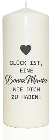 WB wohn trends Spruchkerze, Glück ist eine Bonus-Mama wie Dich zu haben, 20cm, 765g d8cm, Kerze mit Spruch, Brenndauer ca 70 Std