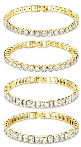 Dochais 4 Piezas Pulsera de Tenis Oro, Pulsera de Brillantes Mujer, con Puños Abiertos, Pulsera Circonita Cúbica, Pulsera Tenis Mujer de Cristal para Mujer Joyas Regalo 19cm