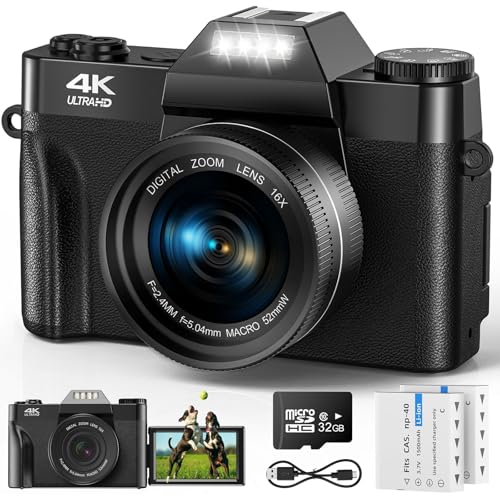 JHAMAL Digitalkamera 4K - Autofokus 56MP Fotokamera UHD Fotoapparat - 3 180° Flip Bildschirm Blitz Kompaktkamera 16X Digitalzoom mit 32GB Micro SD Karte & 2 1500mAh Akkus für Anfänger Kinder Teenager