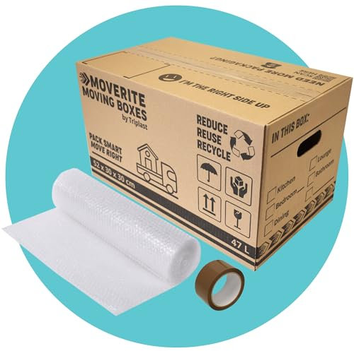 MoveRite Large Strong Cardboard Moving Boxes with Bubble Wrap & Tape – Pack of 10 (47 litres 52cm x 30cm x 30cm) Removal Boxes for Moving House – Packing & Storage Cartons by Triplast