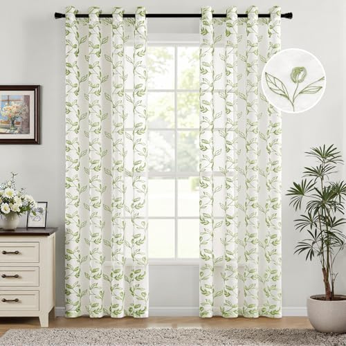 Woaboy Gardinen Grün Blätter Muster Voile Vorhänge mit Ösen Wohnzimmer Transparente Ösenschal Sheer Voile Curtains für Schlafzimmer 2er Set 140x225cm(BxH)
