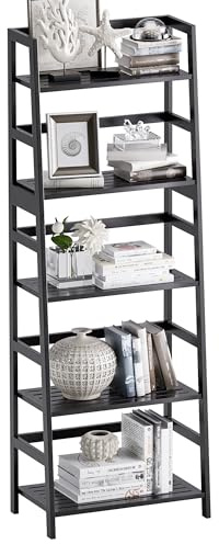VOVALA steghylla, 5-vånings bokhylla, all bambu heavy duty bokhylla, fristående öppen träförvaringsställ, modern hörndisplay växtställ för vardagsrum, hemmakontor, badrum, sovrum (Svart)