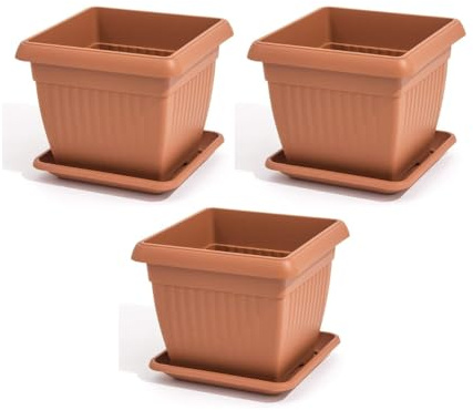 Stolmet Terra Square Flower Pot Set of 3 with Saucers - Terracotta Brown, Indoor & Outdoor Planters - 2 Sizes (150mm 1.7L, 220mm 7L) - Durable, Weather-Resistant Plastic Plant Pots (1.7 Litres)