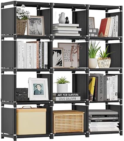YOUNTHYE Cube Storage Unit, 12 Cubes Shelves Black Cube Shelving Units, 125x123x27CM Large DIY Bookcase Storage for Office, Bedroom, Living Room