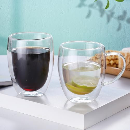 2 Pack Double Walled Glass Coffee Cups, Insulated Latte Glasses Mugs, Mug Tea Cups with Handles, Heat Resistant, Cappuccino Espresso Cup (Clear-2x350ml)