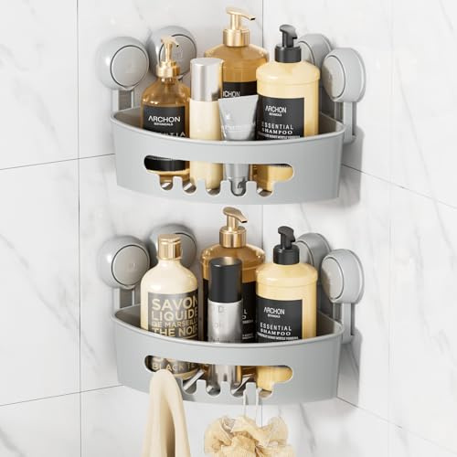 LEVERLOC Duschablage Ohne Bohren Ecke Saugnapf Dusche Organizer Große Kapazität Bad Organizer Ohne Bohren Badezimmer Zubehör für Shampoo Duschkorb Küche Organizer, Grau