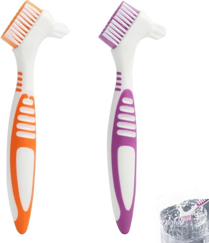 Lot de 2 Brosses à Dents pour Dentier, Brosse Double Face Portable pour Nettoyage Efficace des Fausses Dents, Poignée Ergonomique en Caoutchouc, Couleurs Orange et Violet