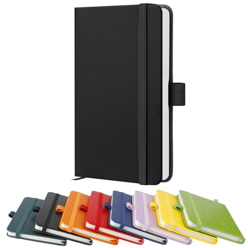 A6 Notebook, Pocket Notebooks 160 Lined Pages Small Leather Journal Notebook Pocket Size for Women Men Work Office School, Hardback A6 Notepad with Pen Holder, 9.5 x 14.5cm-Black