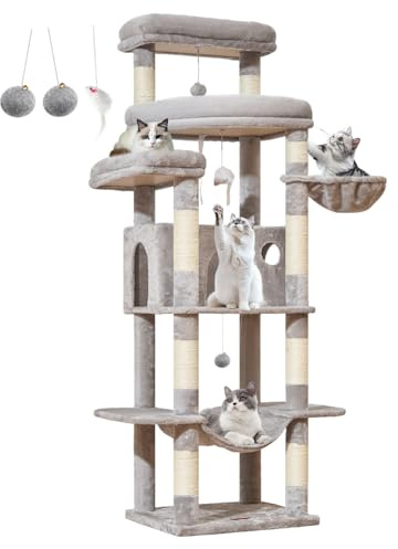 Taoqimiao Rascador para Gatos 180cm, Ideal para Gatos Grandes de +9 kg, con 3 amplias Plataformas, 9 Postes de sisal para arañar, casa Acolchada, Hamaca y Cesta de Lujo, MS034W Gris Claro