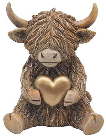 Lesser & Pavey Happy Highland Cow Highland Cow Herz aus Gold Dekofiguren und Ornamente für Wohnzimmer und Büro, Deko-Accessoires, Statuen für drinnen und draußen, schöne Geschenke für Damen und Herren