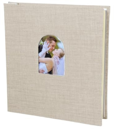 Álbum de fotos de carcasa de lino con ventana arqueada, 40 bolsillos protectores, páginas gruesas, área de escritura para cámaras instantáneas, fácil inserción de fotos, álbum de fotos frontal de arco