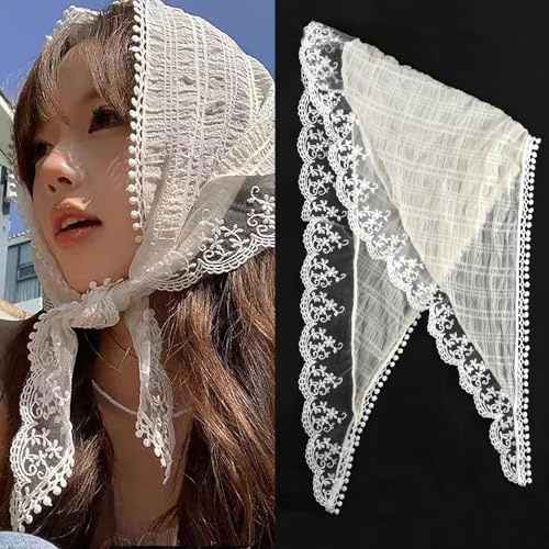 Weißes Spitzen Haar Bandana Kopftuch Haartuch Damen zum Binden Seidentuch Haare Bandanas Dreieckstuch Turban Haarband Mädchen Kopfbedeckung Damen Sommer Kopftücher Haartücher Haaraccessoires Headscarf