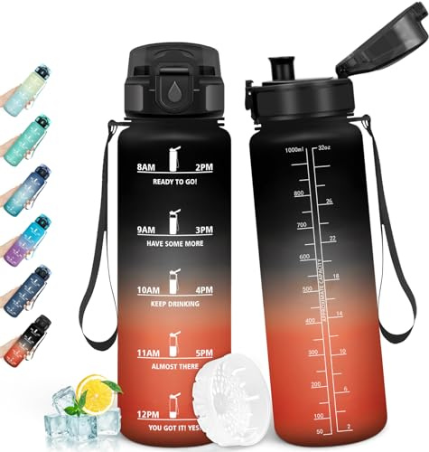 HoneyHolly Botella Agua 1L, Libre de BPA, Cantimplora, Marcador de Tiempo, Portátil, Botella Agua Gimnasio, A Prueba de Fugas, Cantimplora para Gimnasio, Ciclismo, Oficina y Exteriores