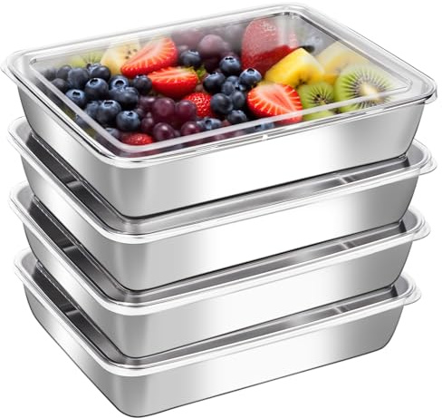 ACTUKSX 4 Pcs Stainless Steel Food Containers with Clear Lids, Stackable Snack Storage Boxes, Deli Meat Keeper for Refrigerator or Picnic, BBQ Party, Office, Gym Lunch