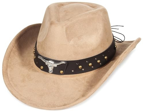 EOZY Suede Cowboy Hats for Men and Women Cowgirl Hat Roll Brim Adjustable Western Cowboy Hat with Leather Belt Brown