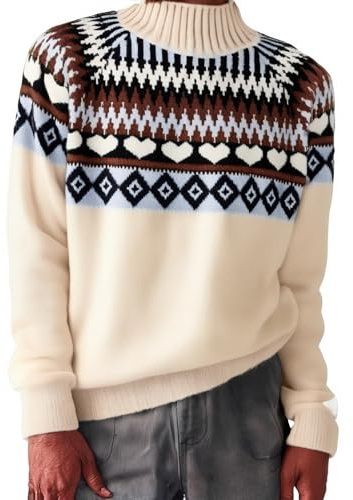 Generisch Wollpullover Damen Echte Wolle Norweger Pullover Damen Elegant Oversized Winterpullover Rundhals Langarm Strickpullover Dick Warm Damenpullover Norwegermuster Casual Pulli Sweatshirt