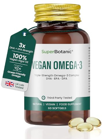Vegan Omega-3 SoftGels – 60 Gelatin Free Soft Gels, 3X Algae Oil DHA, EPA & DPA High Potency Food Supplement, Third Party Tested Omega-3 Supplements for Brain, Heart & Eye Health